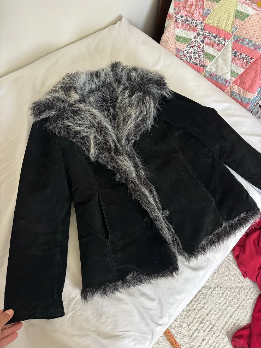 Vintage Y2K 90s penny lane black suede leather faux fur jacket Size medium